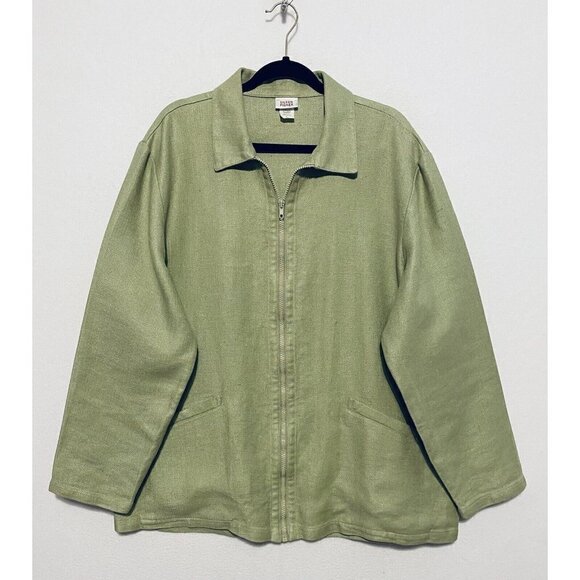 Eileen Fisher Womens Long Sleeves Zip Up Coat Green Linen Lagenlook Large - Picture 1 of 4